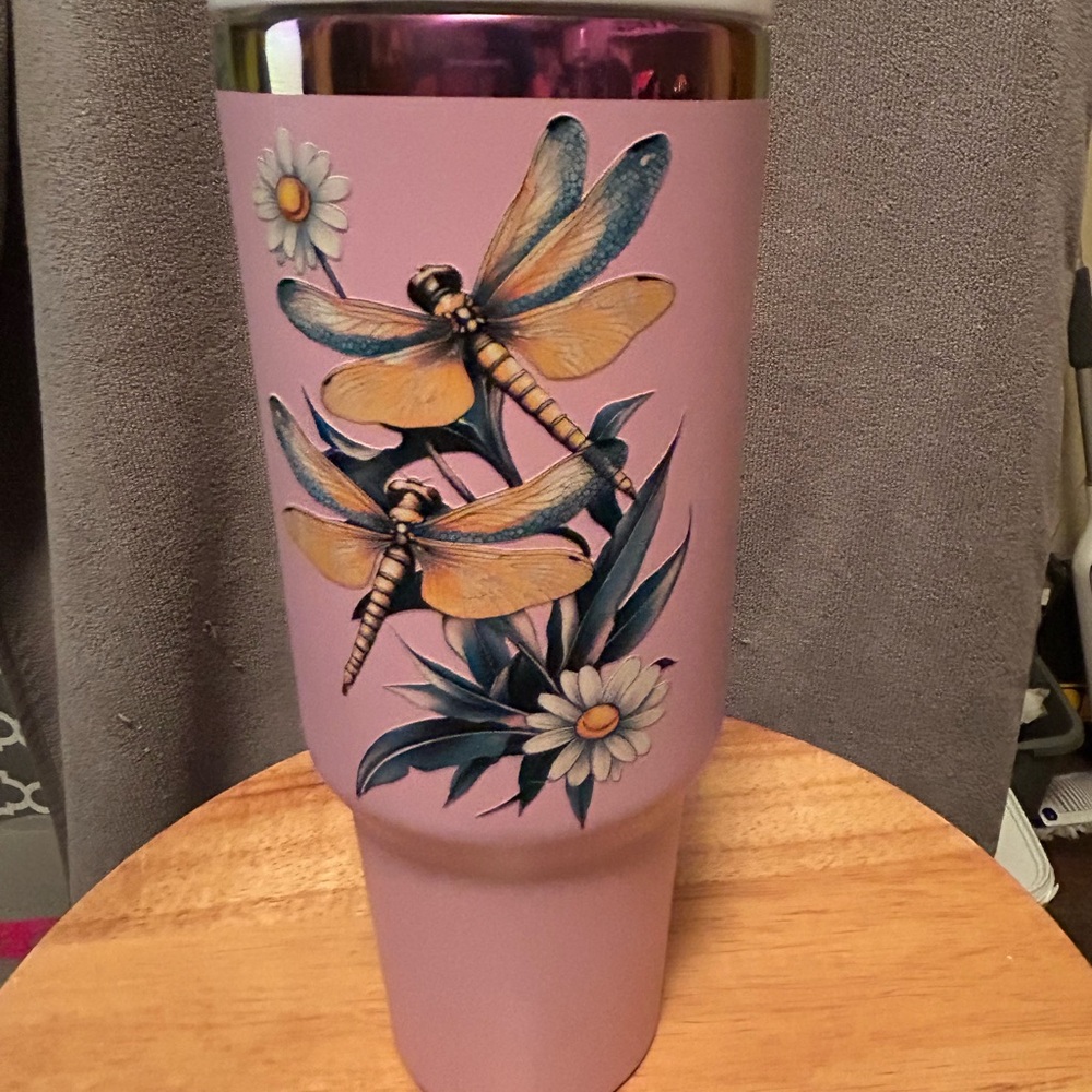 Pink Tumbler with Dragonfly Design